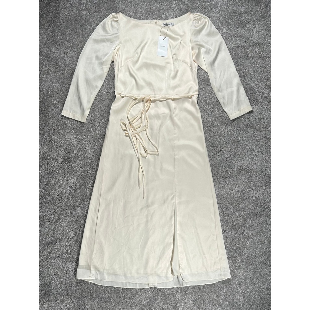 NOIRE Women Cream Satin Long Sleeve Midi Dress‎ with Front Slit and Waist Tie S